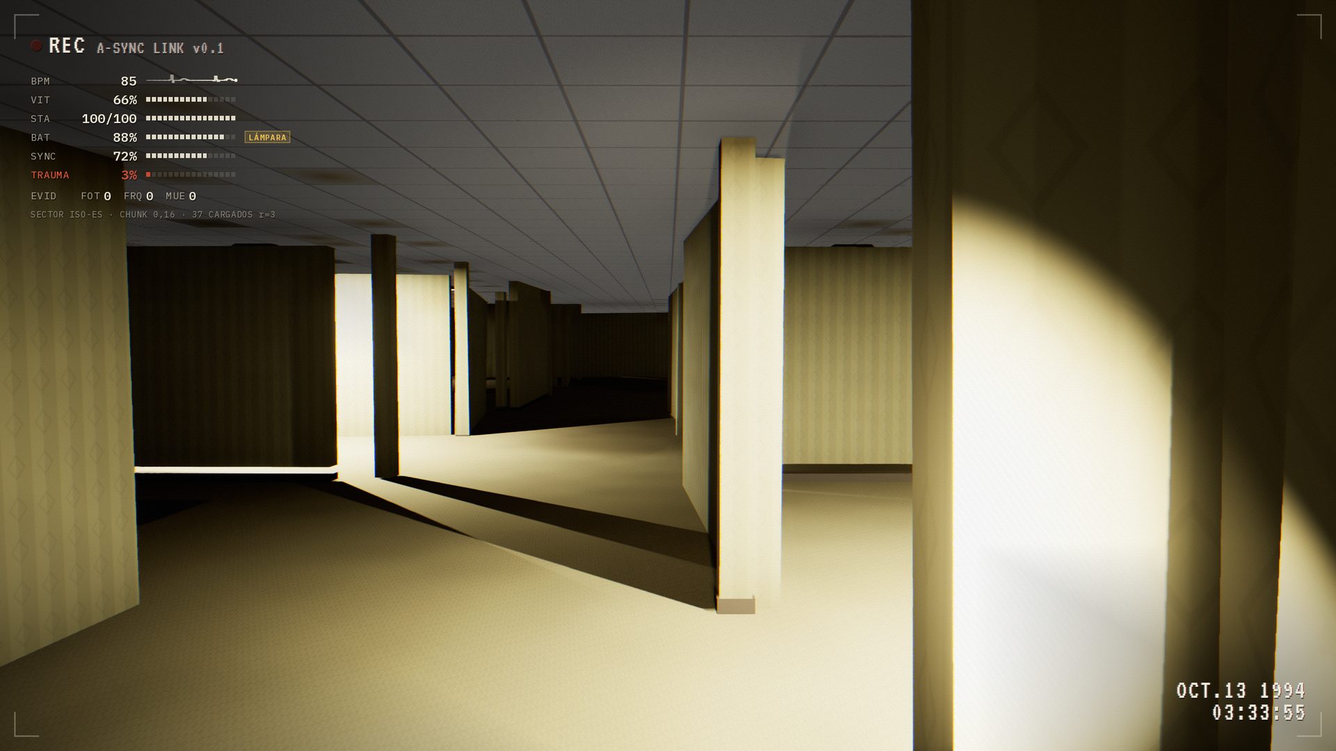 A yellow-wallpapered office corridor of the Backrooms, seen through a camcorder.